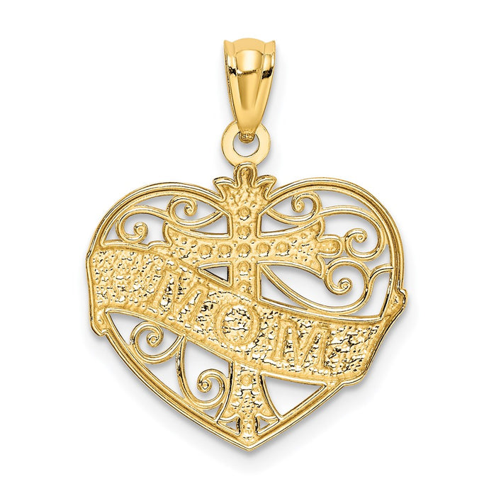 Million Charms 14K Yellow Gold Themed With Rhodium-plated Mom & Relgious Cross Inside Filigree Heart Pendant
