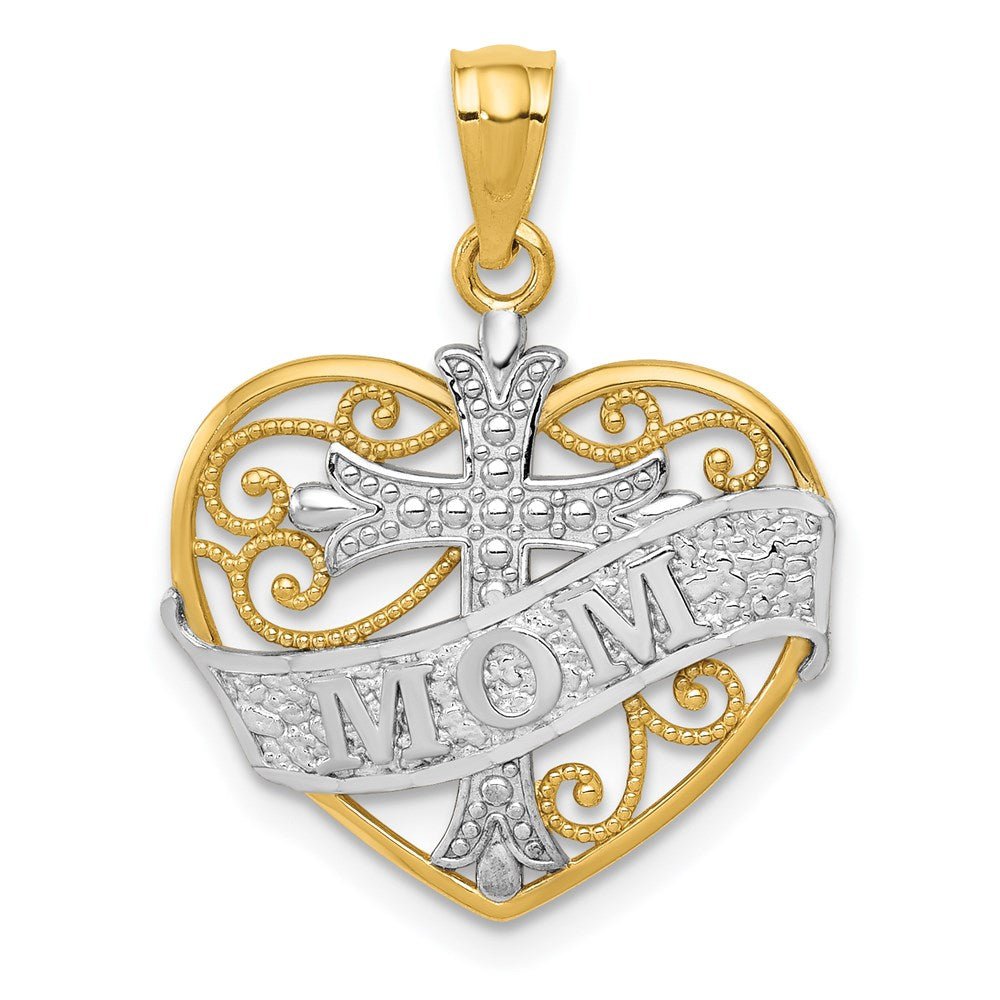 Million Charms 14K Yellow Gold Themed With Rhodium-plated Mom & Relgious Cross Inside Filigree Heart Pendant