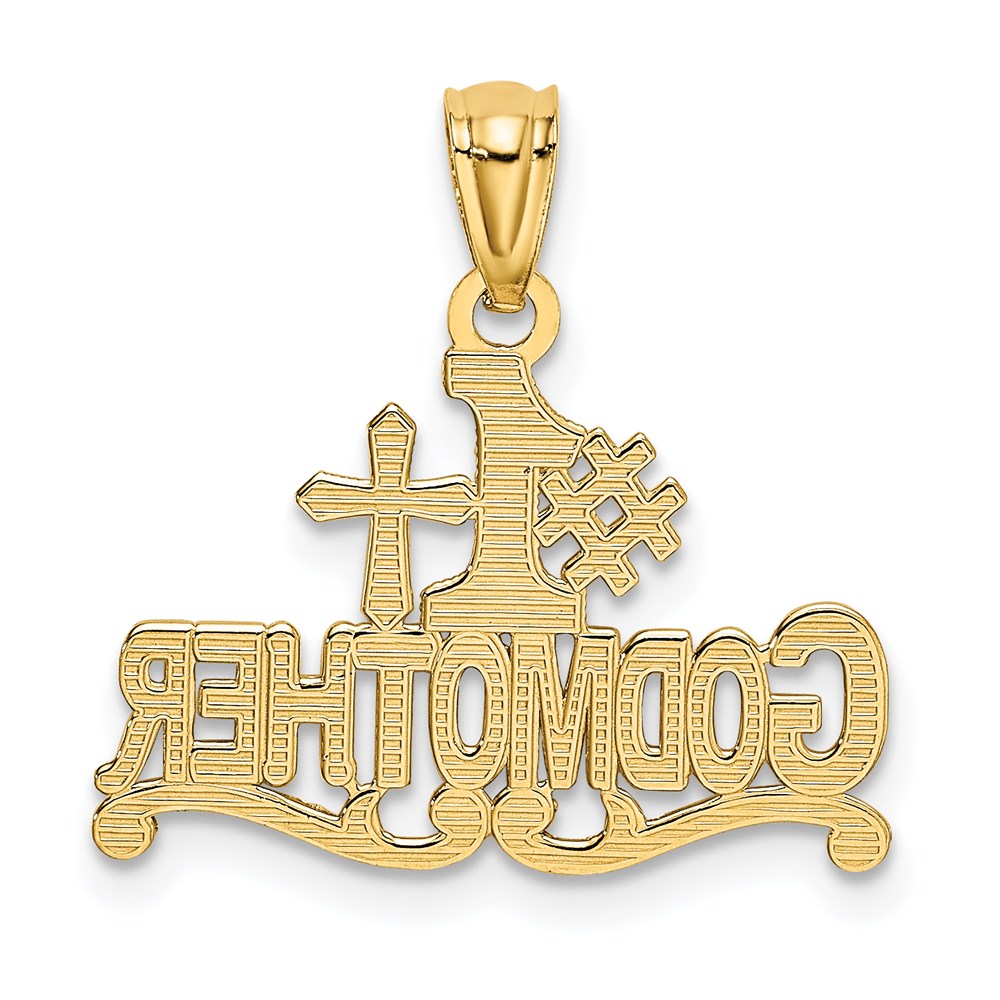 Million Charms 14K Yellow Gold Themed Diamond-Cut #1 Godmother With Relgious Cross Pendant