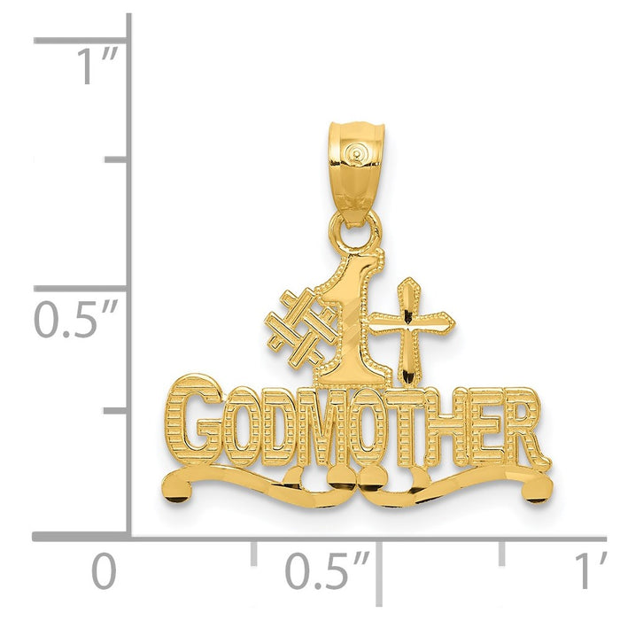Million Charms 14K Yellow Gold Themed Diamond-Cut #1 Godmother With Relgious Cross Pendant
