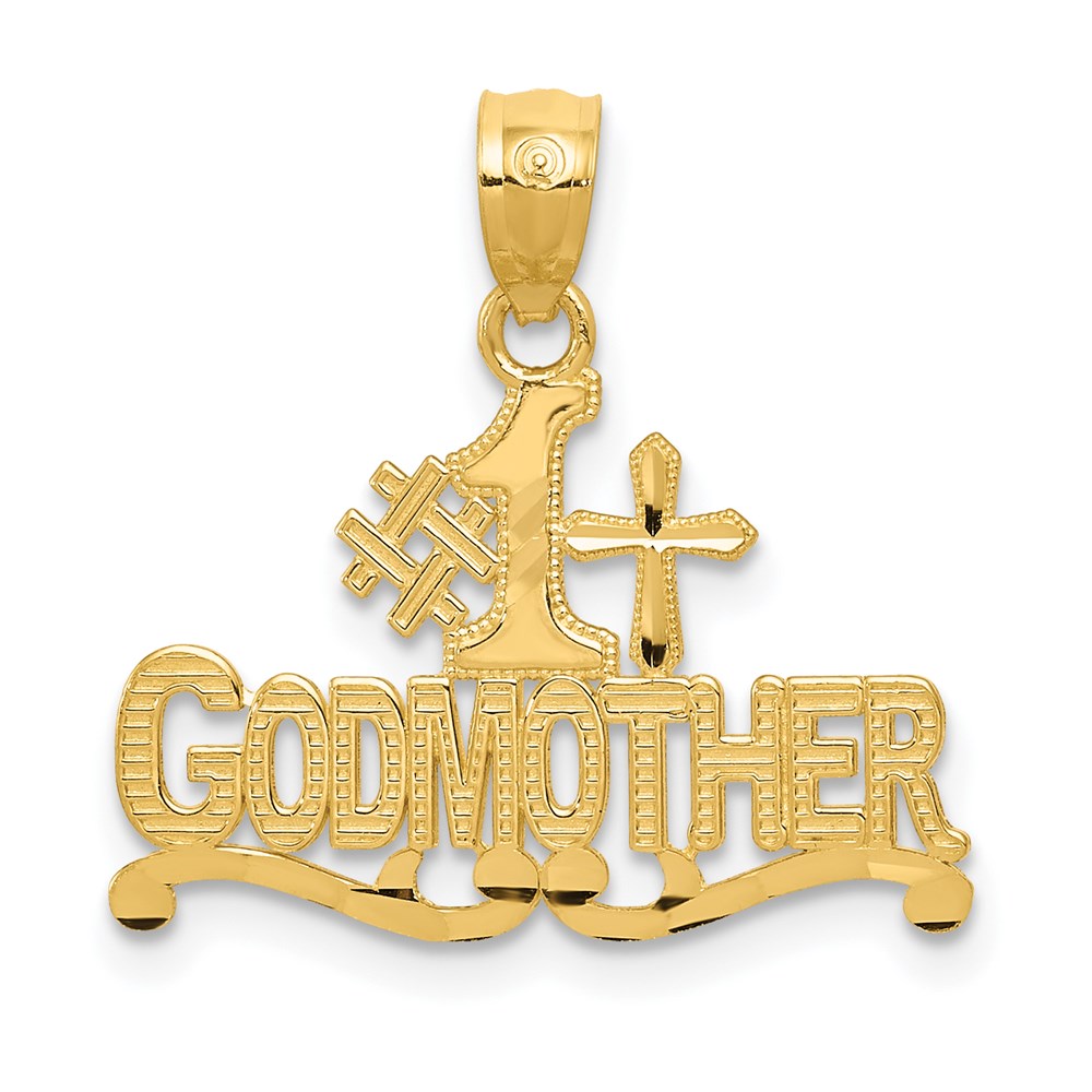 Million Charms 14K Yellow Gold Themed Diamond-Cut #1 Godmother With Relgious Cross Pendant