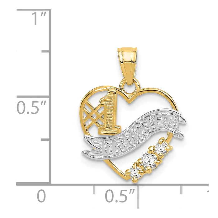 Million Charms 14K Yellow Gold Themed With Rhodium-plated (Cubic Zirconia) CZ #1 Daughter Heart Pendant