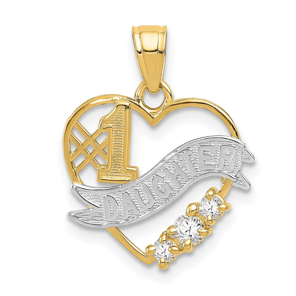 Million Charms 14K Yellow Gold Themed With Rhodium-plated (Cubic Zirconia) CZ #1 Daughter Heart Pendant