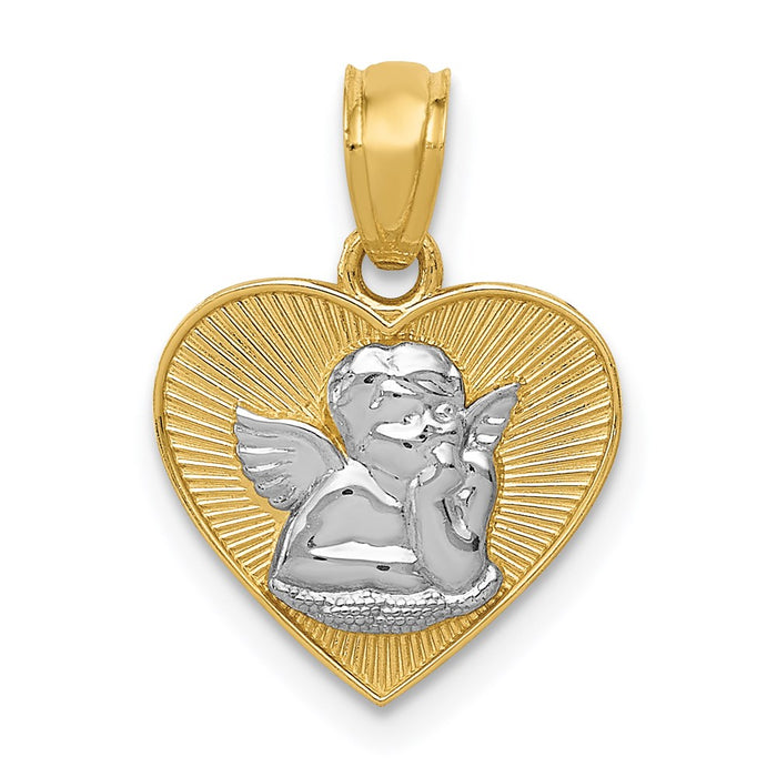 Million Charms 14K Yellow Gold Themed With Rhodium-plated Polished Guardian Angel In Heart Pendant