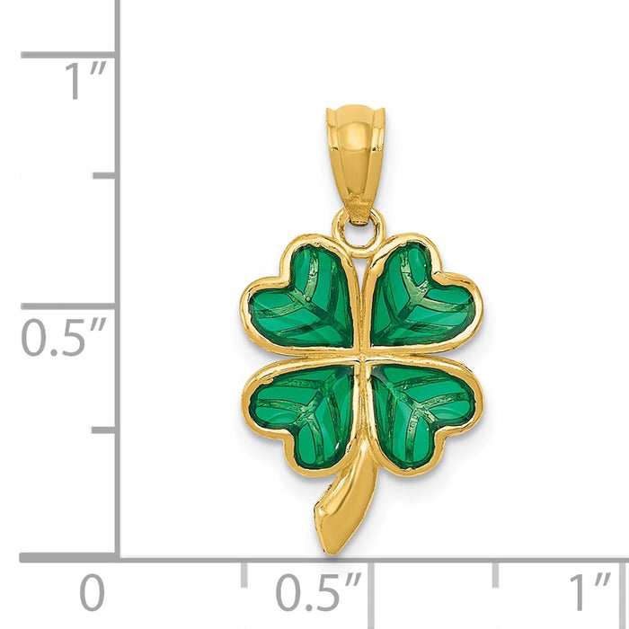 Million Charms 14K Yellow Gold Themed Polished Green Enameled Shamrock Pendant