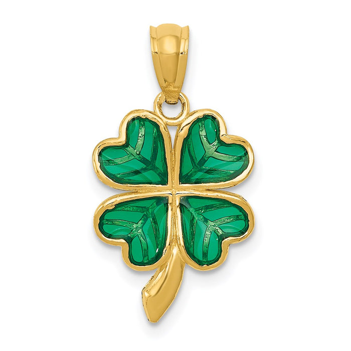 Million Charms 14K Yellow Gold Themed Polished Green Enameled Shamrock Pendant