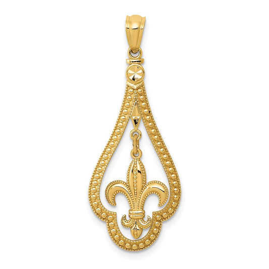 Million Charms 14K Yellow Gold Themed Diamond-Cut Polished Fleur De Lis Dangle Pendant