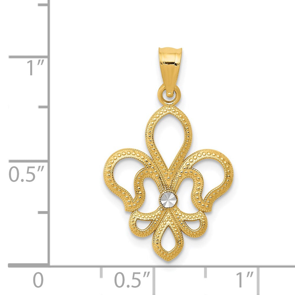 Million Charms 14K Yellow Gold Themed With Rhodium-plated Diamond-Cut Satin Fleur De Lis Pendant