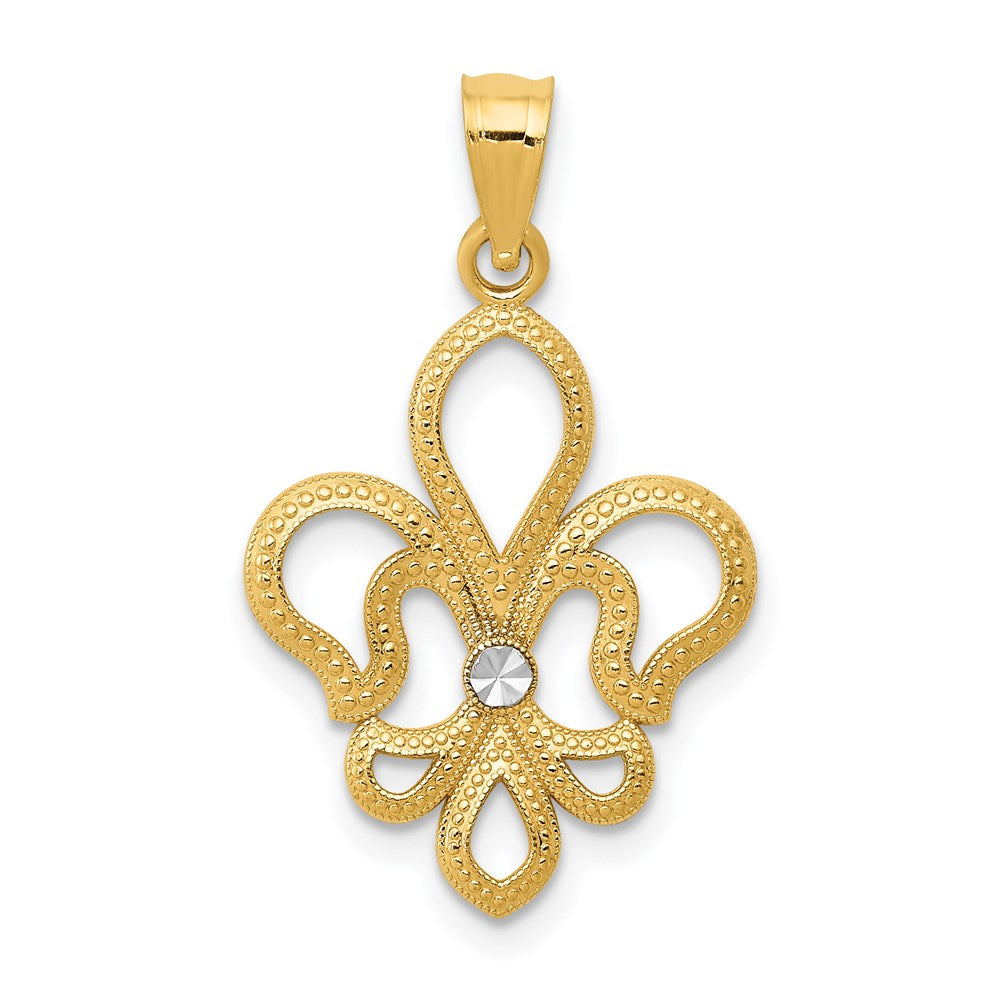 Million Charms 14K Yellow Gold Themed With Rhodium-plated Diamond-Cut Satin Fleur De Lis Pendant