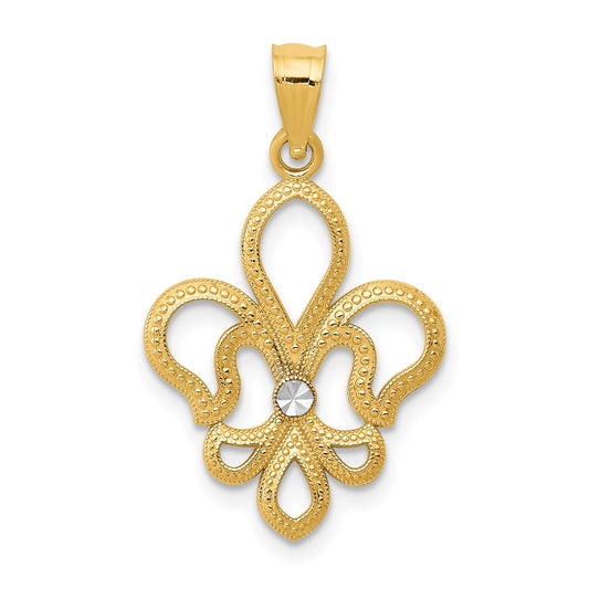 Million Charms 14K Yellow Gold Themed With Rhodium-plated Diamond-Cut Satin Fleur De Lis Pendant