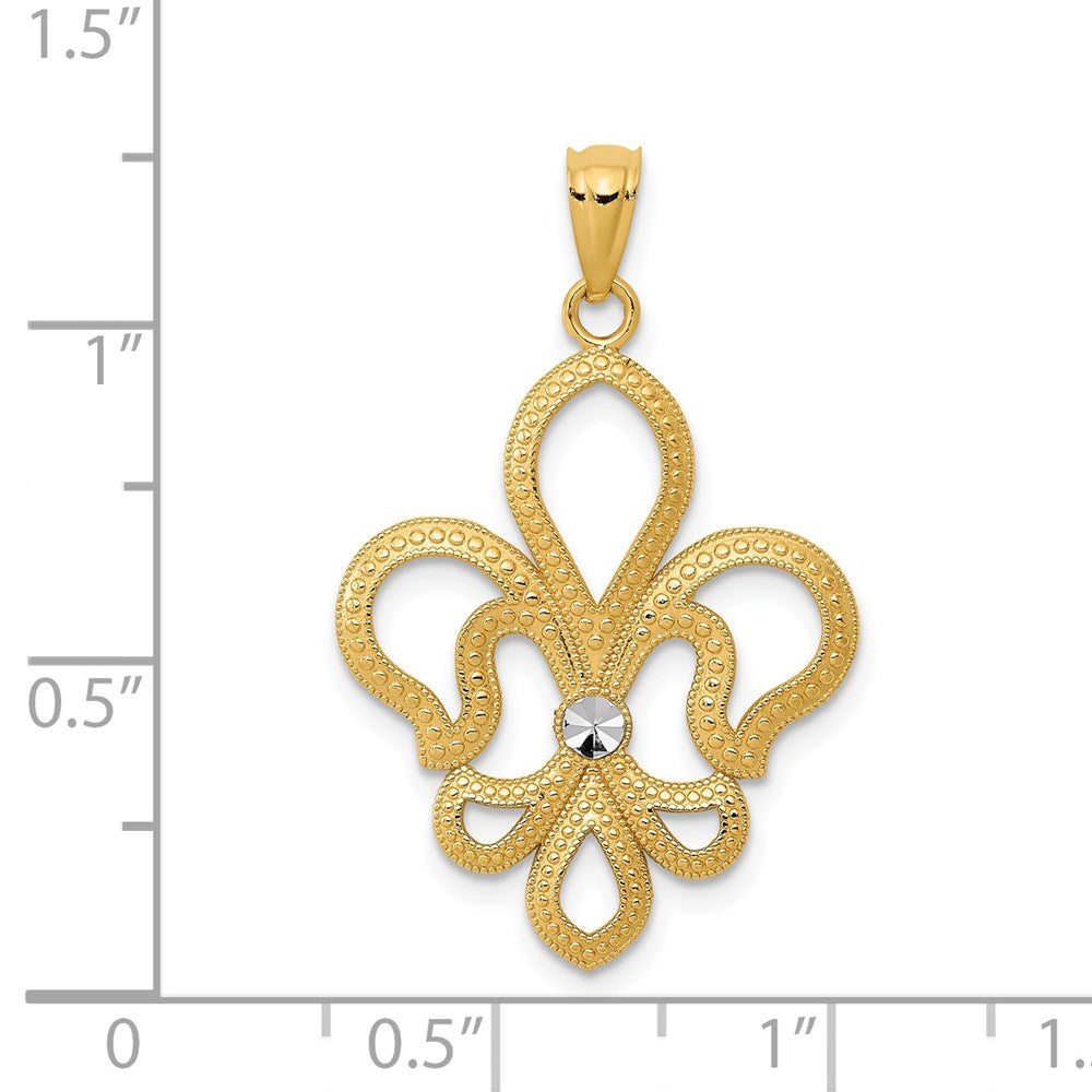 Million Charms 14K Yellow Gold Themed With Rhodium-plated Diamond-Cut Satin Fleur De Lis Pendant