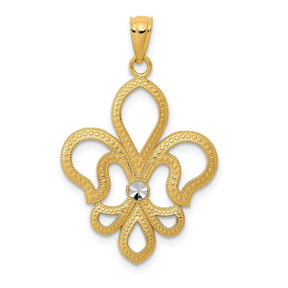 Million Charms 14K Yellow Gold Themed With Rhodium-plated Diamond-Cut Satin Fleur De Lis Pendant
