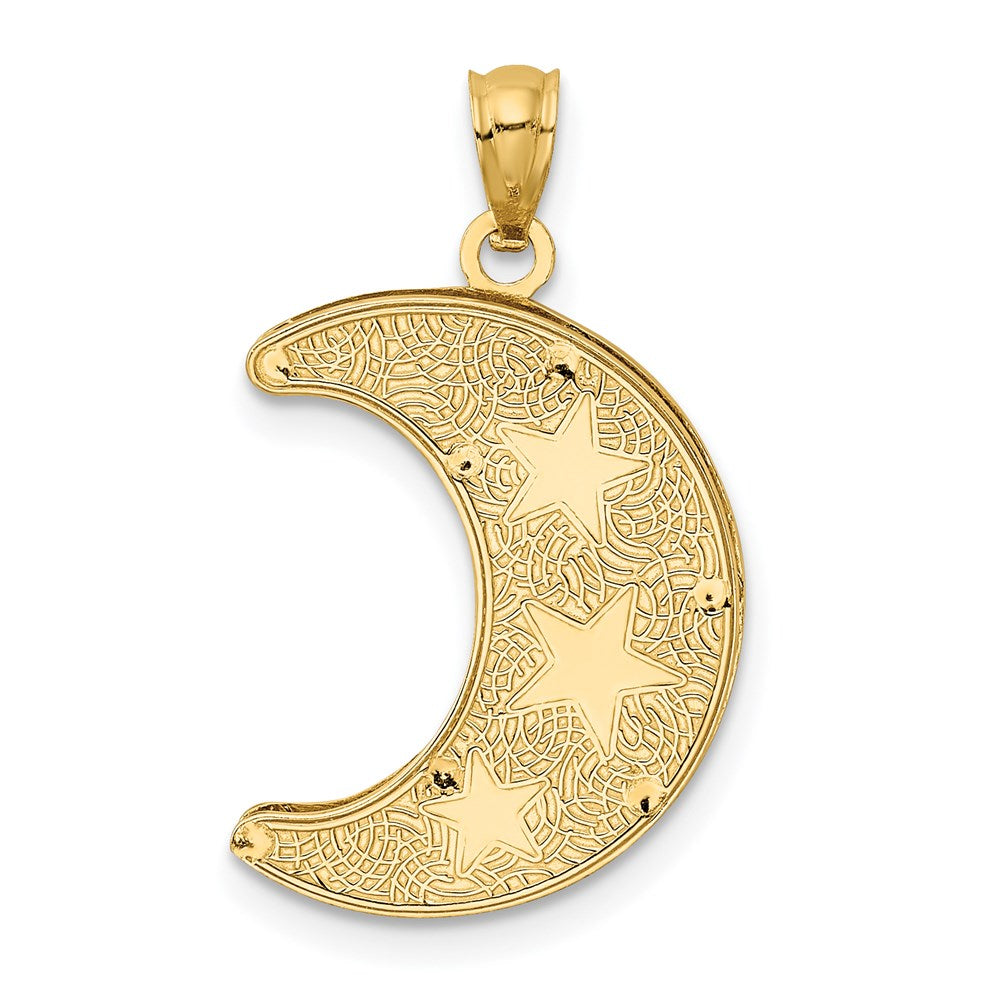 Million Charms 14K Yellow Gold Themed With Rhodium-plated Diamond-Cut 2-Level Stars In Moon Pendant