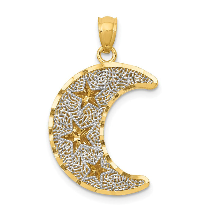 Million Charms 14K Yellow Gold Themed With Rhodium-plated Diamond-Cut 2-Level Stars In Moon Pendant