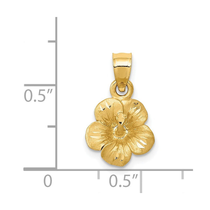 Million Charms 14K Yellow Gold Themed Satin Diamond-Cut Hibiscus Flower Pendant