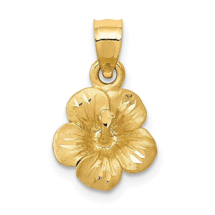 Million Charms 14K Yellow Gold Themed Satin Diamond-Cut Hibiscus Flower Pendant