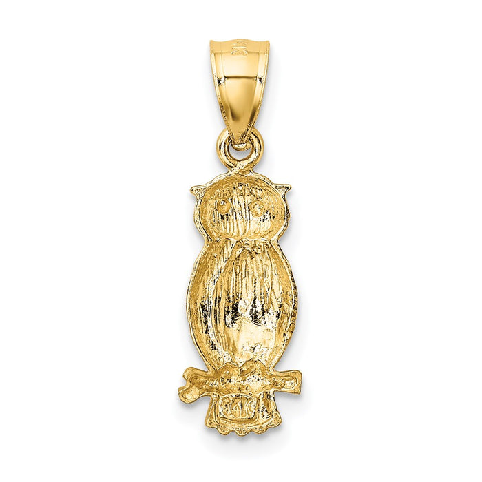 Million Charms 14K Yellow Gold Themed Satin Diamond-Cut Owl Pendant