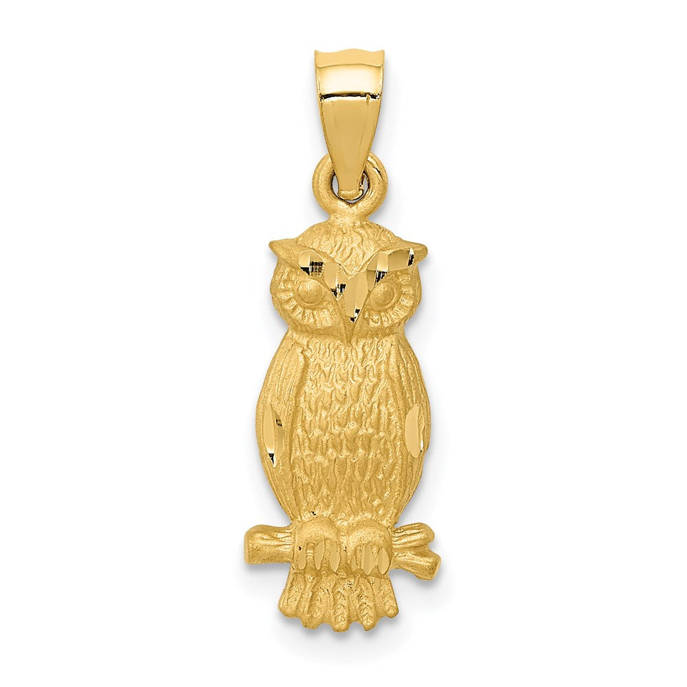 Million Charms 14K Yellow Gold Themed Satin Diamond-Cut Owl Pendant