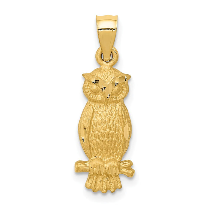 Million Charms 14K Yellow Gold Themed Satin Diamond-Cut Owl Pendant