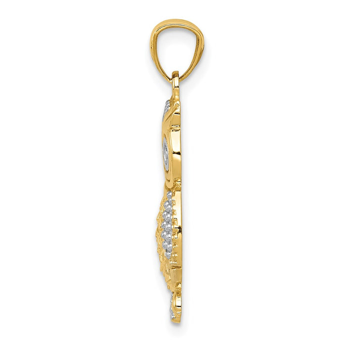 Million Charms 14K Yellow Gold Themed, Rhodium-plated Polished & Textured Owl Pendant