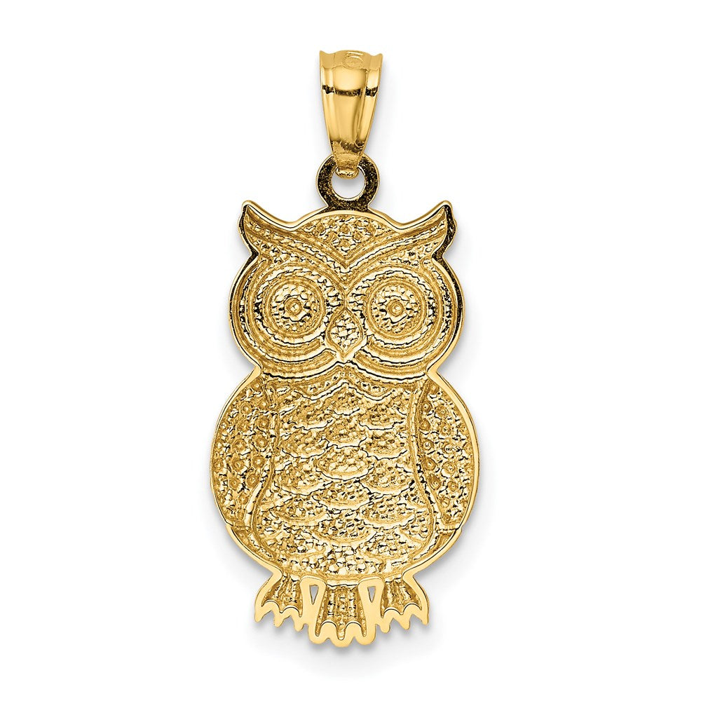 Million Charms 14K Yellow Gold Themed, Rhodium-plated Polished & Textured Owl Pendant