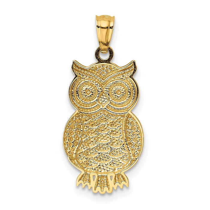 Million Charms 14K Yellow Gold Themed, Rhodium-plated Polished & Textured Owl Pendant