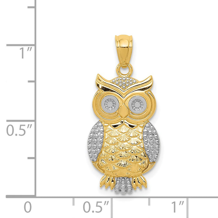 Million Charms 14K Yellow Gold Themed, Rhodium-plated Polished & Textured Owl Pendant