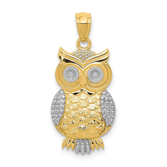 Million Charms 14K Yellow Gold Themed, Rhodium-plated Polished & Textured Owl Pendant