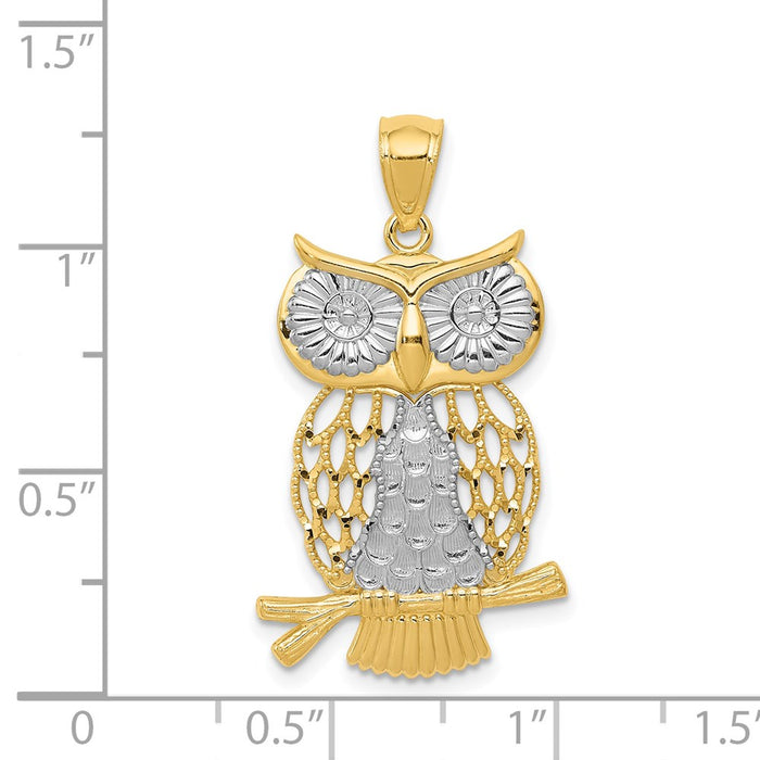 Million Charms 14K Yellow Gold Themed, Rhodium-plated Diamond-Cut Polished Moveable Owl Pendant