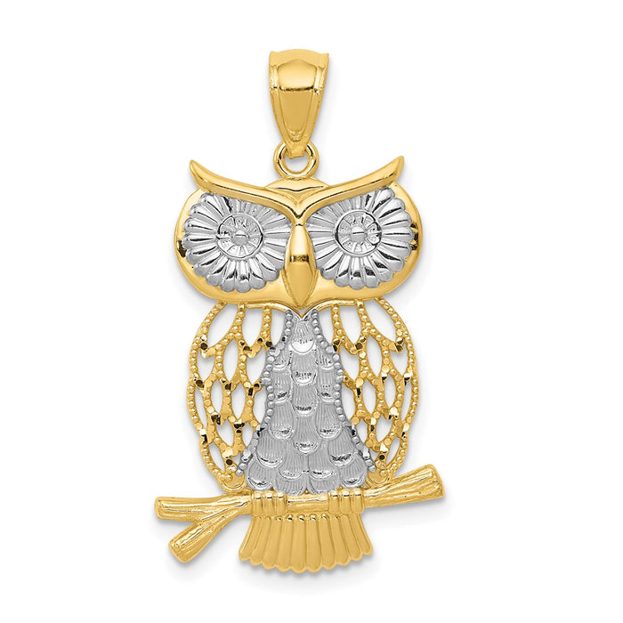 Million Charms 14K Yellow Gold Themed, Rhodium-plated Diamond-Cut Polished Moveable Owl Pendant