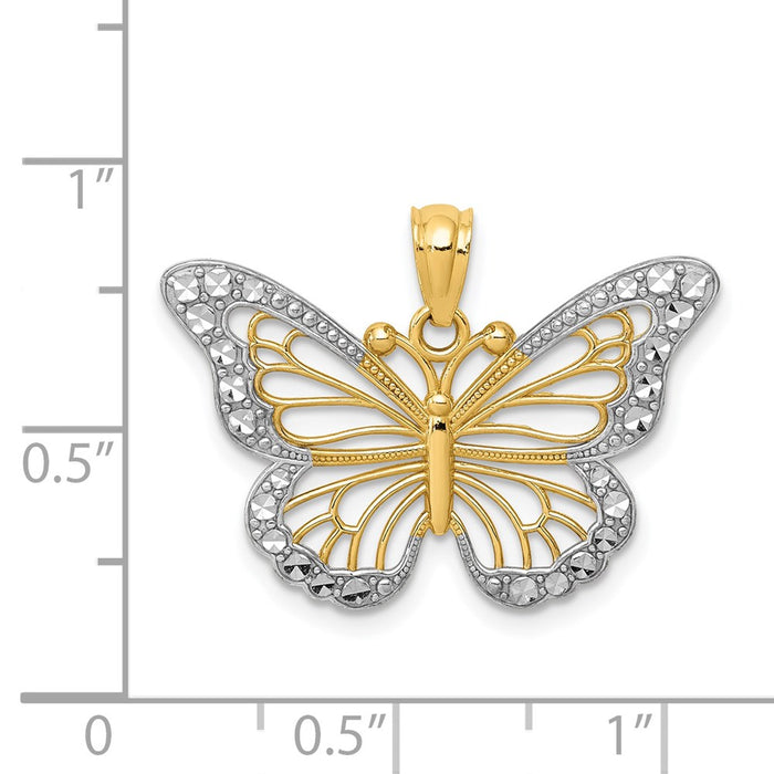 Million Charms 14K Yellow Gold Themed, Rhodium-plated Diamond-Cut Polished Open Butterfly Pendant