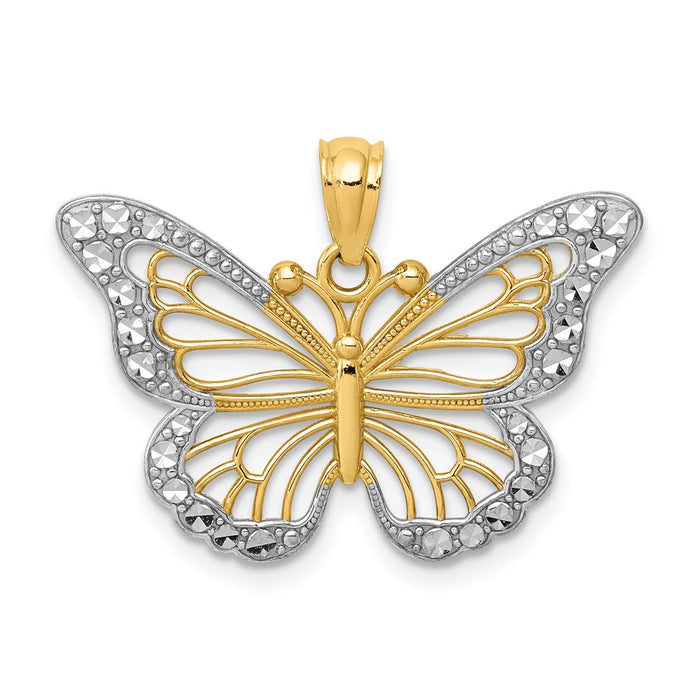Million Charms 14K Yellow Gold Themed, Rhodium-plated Diamond-Cut Polished Open Butterfly Pendant