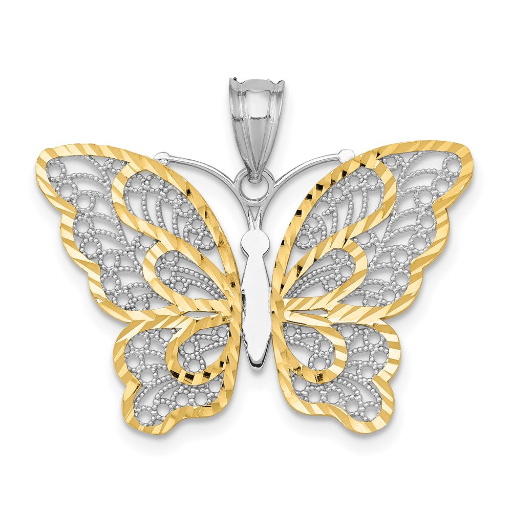 Million Charms 14K White Gold Themed With Yellow Rhodium-plated Polished Filigree Butterfly Pendant