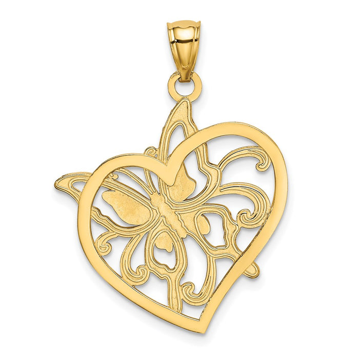 Million Charms 14K Yellow Gold Themed, Rhodium-plated Diamond-Cut Polished Butterfly Heart Pendant