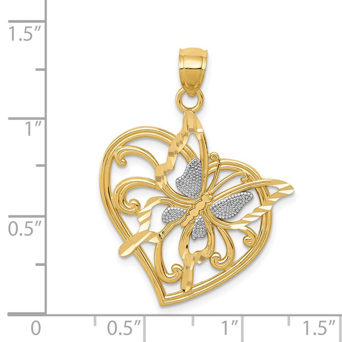 Million Charms 14K Yellow Gold Themed, Rhodium-plated Diamond-Cut Polished Butterfly Heart Pendant