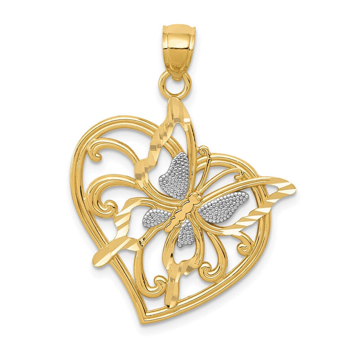 Million Charms 14K Yellow Gold Themed, Rhodium-plated Diamond-Cut Polished Butterfly Heart Pendant