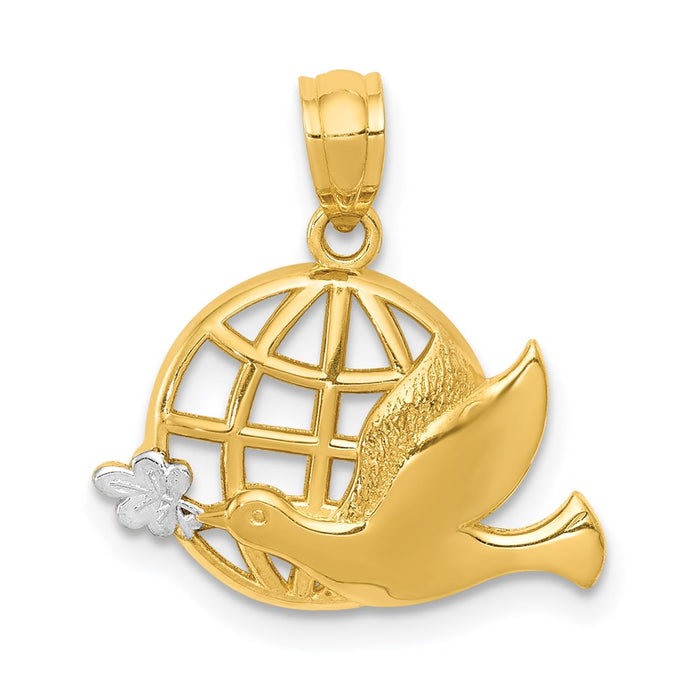 Million Charms 14K Yellow Gold Themed, Rhodium-plated Polished Dove & Globe Pendant