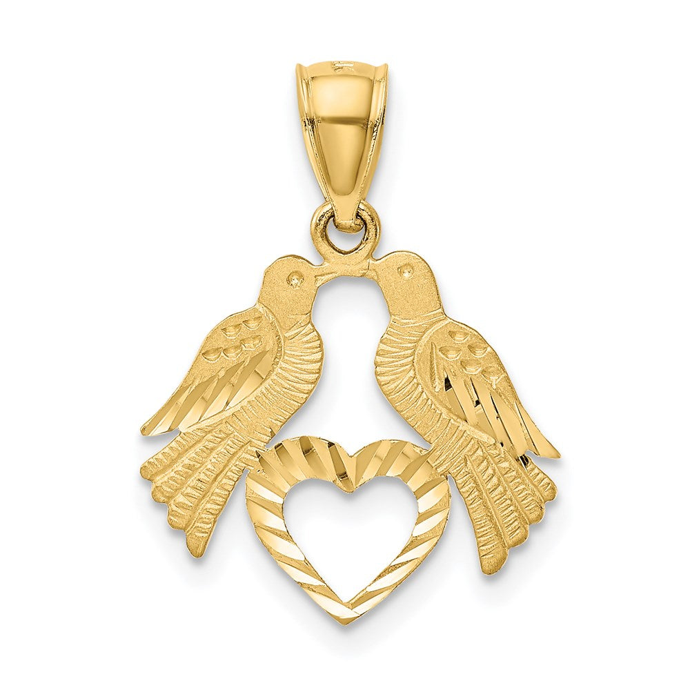 Million Charms 14K Yellow Gold Themed Polished Diamond-Cut Love Birds With Heart Pendant