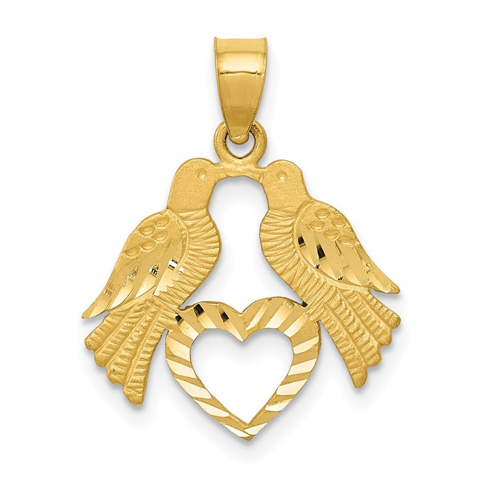 Million Charms 14K Yellow Gold Themed Polished Diamond-Cut Love Birds With Heart Pendant