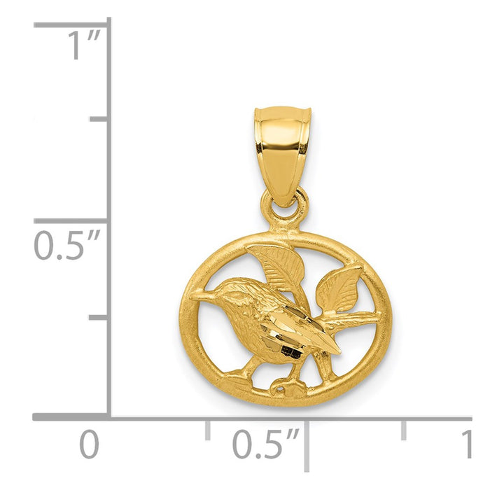 Million Charms 14K Yellow Gold Themed Satin Diamond-Cut Bird In Oval Pendant