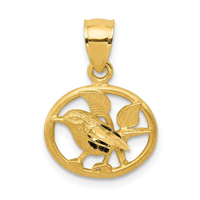 Million Charms 14K Yellow Gold Themed Satin Diamond-Cut Bird In Oval Pendant