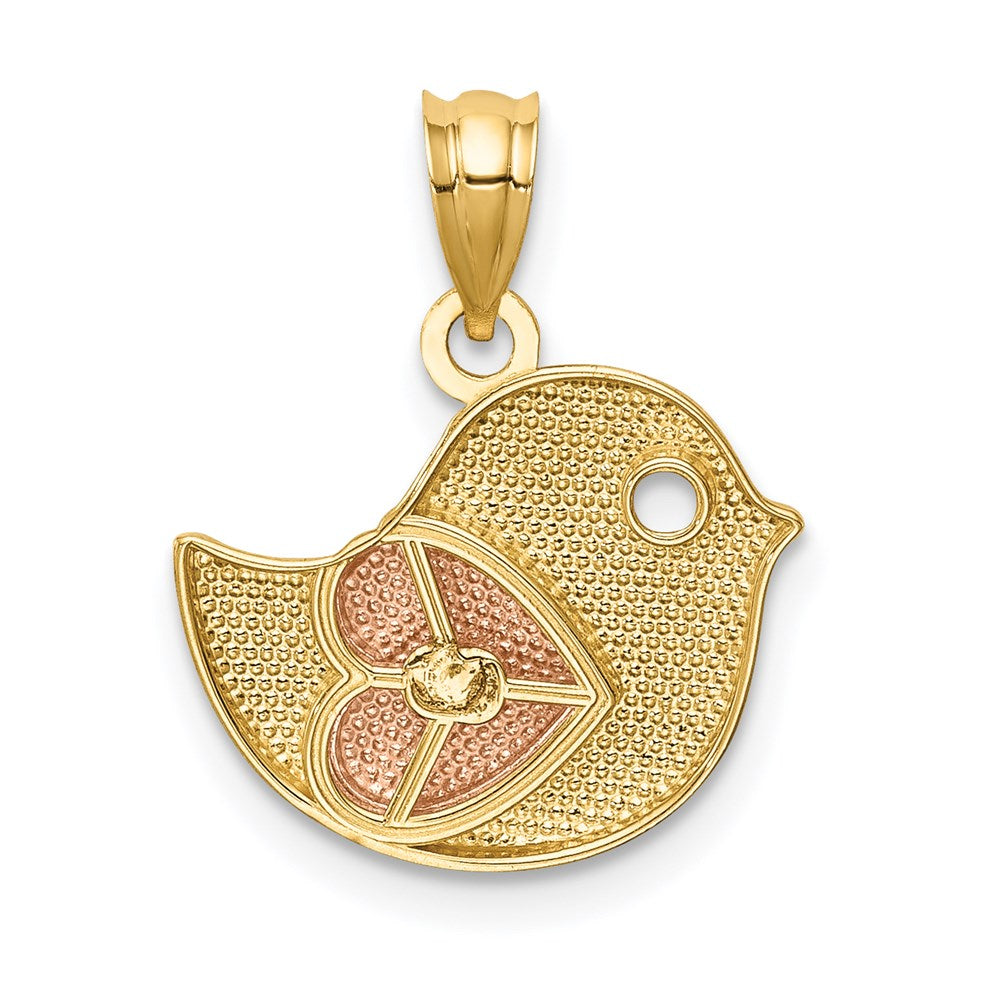 Million Charms 14K Yellow & Rose Gold Themed Polished Bird With Satin Heart Pendant