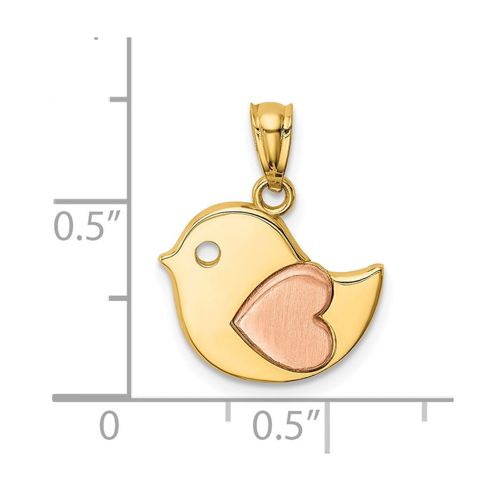 Million Charms 14K Yellow & Rose Gold Themed Polished Bird With Satin Heart Pendant