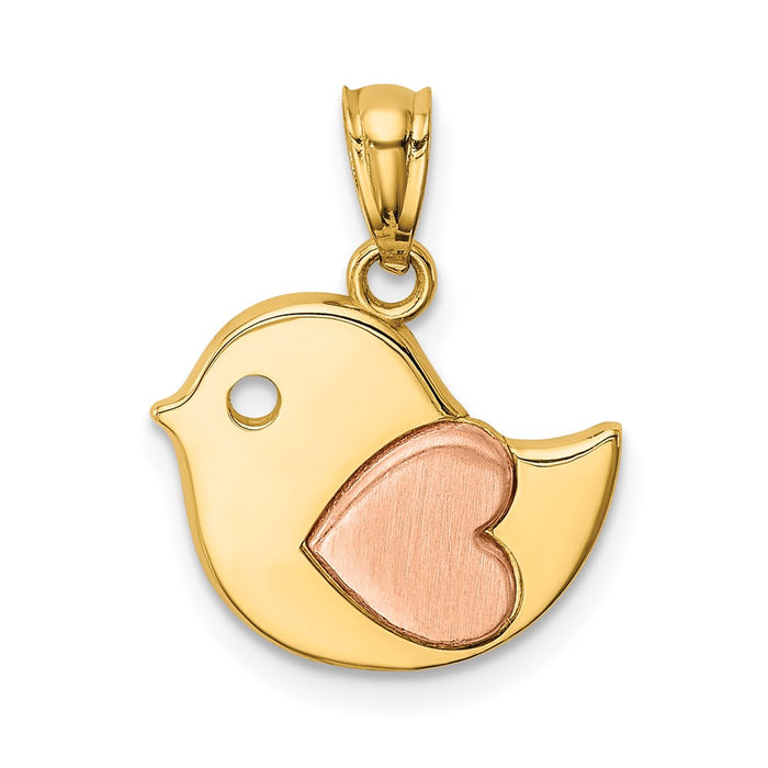 Million Charms 14K Yellow & Rose Gold Themed Polished Bird With Satin Heart Pendant
