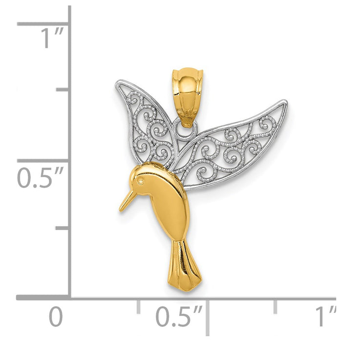 Million Charms 14K Yellow Gold Themed, Rhodium-plated Polished Hummingbird Filigree Wings Pendant