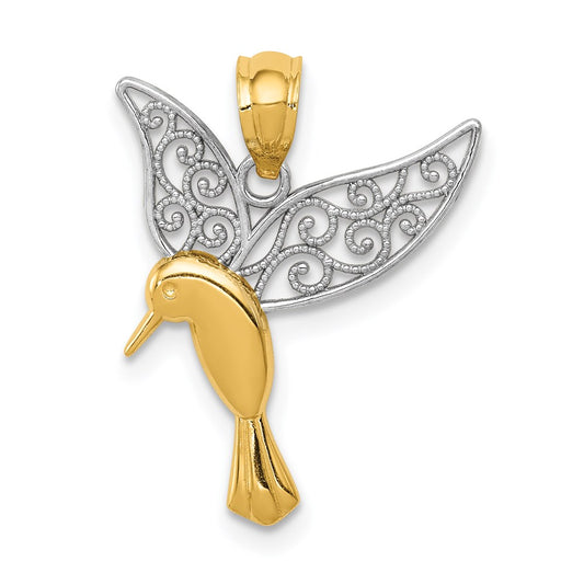 Million Charms 14K Yellow Gold Themed, Rhodium-plated Polished Hummingbird Filigree Wings Pendant