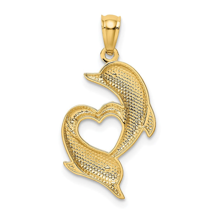 Million Charms 14K Yellow Gold Themed Diamond-Cut Satin & Polished Dolphins Heart Pendant