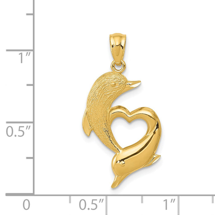 Million Charms 14K Yellow Gold Themed Diamond-Cut Satin & Polished Dolphins Heart Pendant