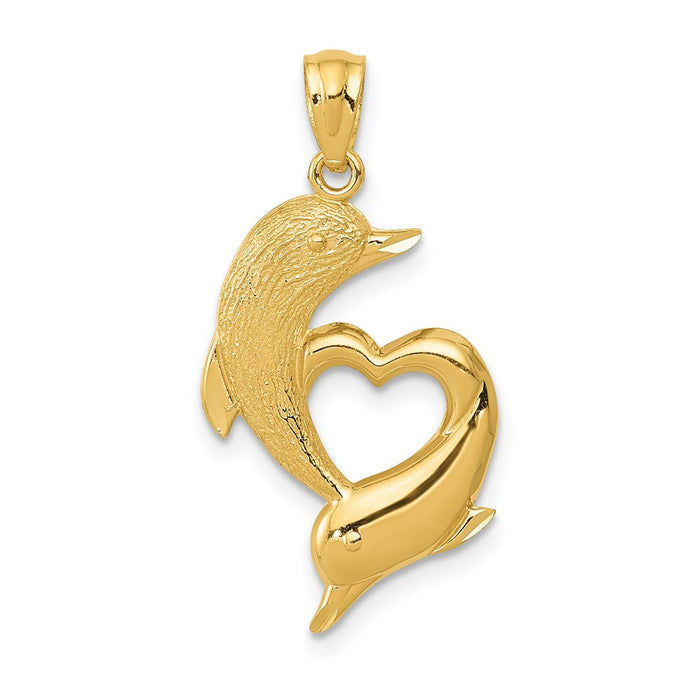 Million Charms 14K Yellow Gold Themed Diamond-Cut Satin & Polished Dolphins Heart Pendant