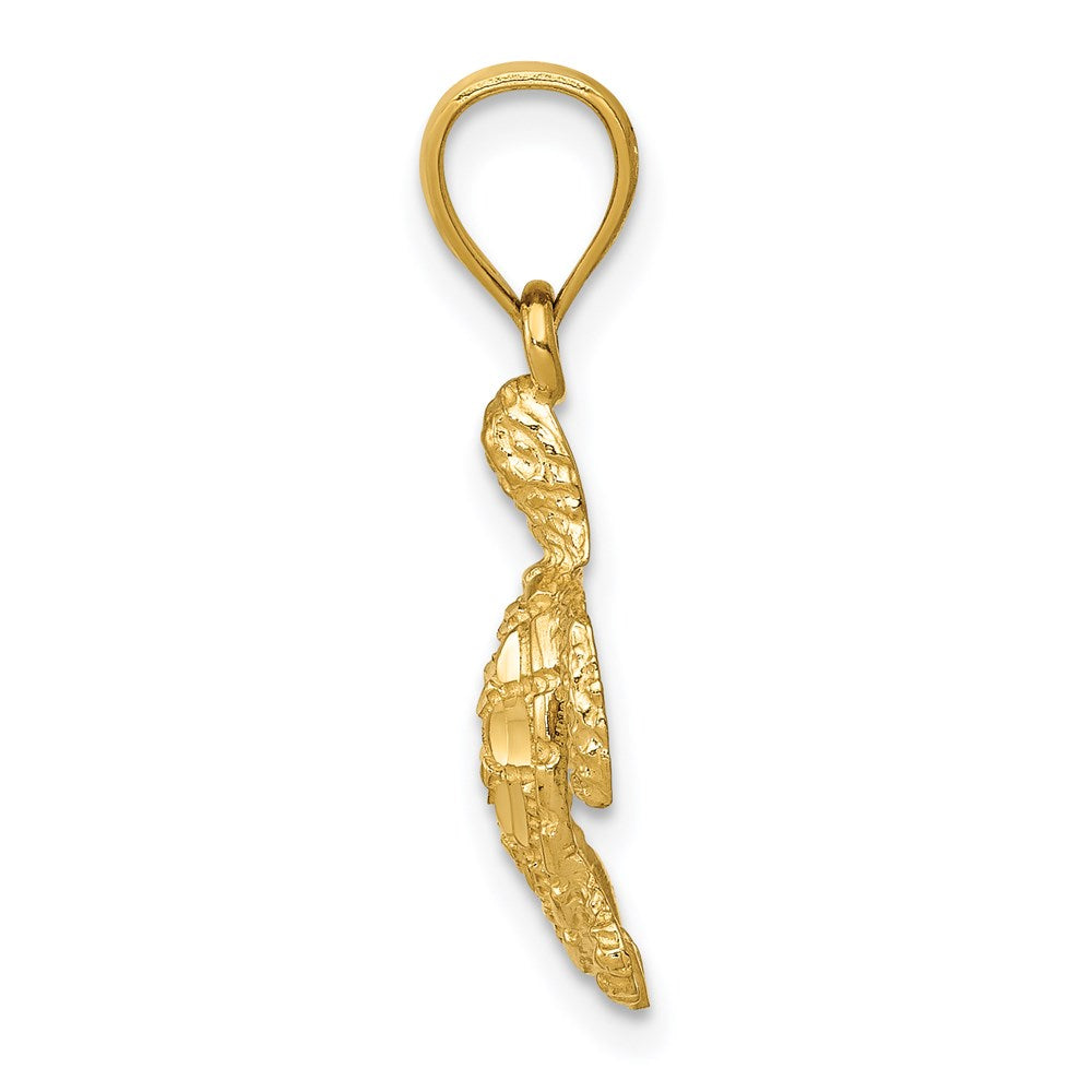 Million Charms 14K Yellow Gold Themed Polished, Textured Diamond-Cut Sea Turtle Pendant